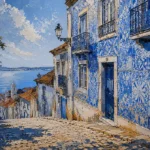 Azulejo Blue Lisbon Wall Art featuring azulejo-covered facade above a steep cobbled street for refined interiors