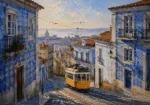 Azulejo Blue Lisbon Wall Art featuring yellow tram turning between tiled townhouses for refined interiors
