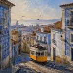 Azulejo Blue Lisbon Wall Art featuring yellow tram turning between tiled townhouses for refined interiors