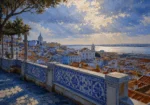 Azulejo Blue Lisbon Wall Art featuring miradouro terrace overlooking red rooftops for refined interiors