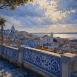 Azulejo Blue Lisbon Wall Art featuring miradouro terrace overlooking red rooftops for refined interiors