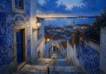 Azulejo Blue Lisbon Wall Art featuring narrow stairway descending toward the Tagus River for refined interiors