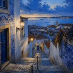 Azulejo Blue Lisbon Wall Art featuring narrow stairway descending toward the Tagus River for refined interiors