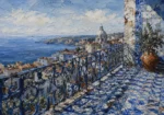 Azulejo Blue Lisbon Wall Art featuring iron balcony casting shadows across blue ceramic tiles for refined interiors
