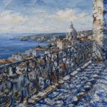 Azulejo Blue Lisbon Wall Art featuring iron balcony casting shadows across blue ceramic tiles for refined interiors