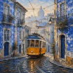 Azulejo Blue Lisbon Wall Art featuring yellow tram turning between tiled townhouses for refined interiors