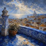 Azulejo Blue Lisbon Wall Art featuring miradouro terrace overlooking red rooftops for refined interiors