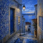 Azulejo Blue Lisbon Wall Art featuring narrow stairway descending toward the Tagus River for refined interiors