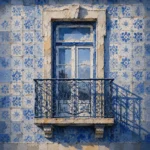Azulejo Blue Lisbon Wall Art featuring iron balcony casting shadows across blue ceramic tiles for refined interiors