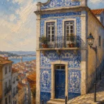 Azulejo Blue Lisbon Wall Art featuring azulejo-covered facade above a steep cobbled street for refined interiors