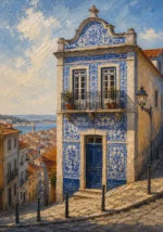 Azulejo Blue Lisbon Wall Art featuring azulejo-covered facade above a steep cobbled street for refined interiors