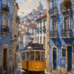 Azulejo Blue Lisbon Wall Art featuring yellow tram turning between tiled townhouses for refined interiors