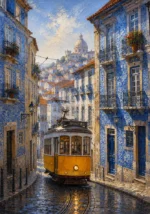 Azulejo Blue Lisbon Wall Art featuring yellow tram turning between tiled townhouses for refined interiors