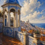 Azulejo Blue Lisbon Wall Art featuring miradouro terrace overlooking red rooftops for refined interiors
