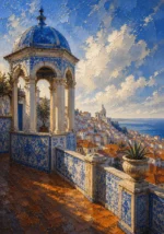 Azulejo Blue Lisbon Wall Art featuring miradouro terrace overlooking red rooftops for refined interiors