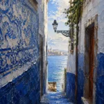 Azulejo Blue Lisbon Wall Art featuring narrow stairway descending toward the Tagus River for refined interiors