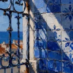 Azulejo Blue Lisbon Wall Art featuring iron balcony casting shadows across blue ceramic tiles for refined interiors