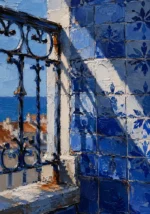Azulejo Blue Lisbon Wall Art featuring iron balcony casting shadows across blue ceramic tiles for refined interiors