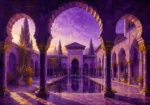 Moorish Plum Moorish Architecture Wall Art featuring horseshoe arch framing a still reflecting pool for refined interiors