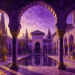Moorish Plum Moorish Architecture Wall Art featuring horseshoe arch framing a still reflecting pool for refined interiors
