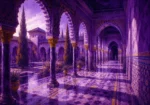 Moorish Plum Moorish Architecture Wall Art featuring geometric tiled corridor receding into violet shade for refined interiors