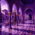 Moorish Plum Moorish Architecture Wall Art featuring geometric tiled corridor receding into violet shade for refined interiors