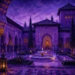 Moorish Plum Moorish Architecture Wall Art featuring secluded courtyard centered on a marble fountain for refined interiors