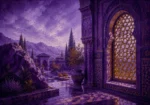 Moorish Plum Moorish Architecture Wall Art featuring gilded lattice window casting patterned light for refined interiors
