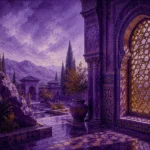Moorish Plum Moorish Architecture Wall Art featuring gilded lattice window casting patterned light for refined interiors