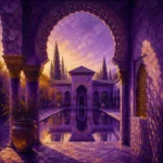 Moorish Plum Moorish Architecture Wall Art featuring horseshoe arch framing a still reflecting pool for refined interiors