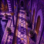 Moorish Plum Moorish Architecture Wall Art featuring geometric tiled corridor receding into violet shade for refined interiors
