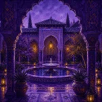 Moorish Plum Moorish Architecture Wall Art featuring secluded courtyard centered on a marble fountain for refined interiors