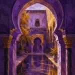 Moorish Plum Moorish Architecture Wall Art featuring horseshoe arch framing a still reflecting pool for refined interiors
