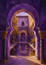 Moorish Plum Moorish Architecture Wall Art featuring horseshoe arch framing a still reflecting pool for refined interiors