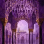 Moorish Plum Moorish Architecture Wall Art featuring carved muqarnas ceiling above slender columns for refined interiors