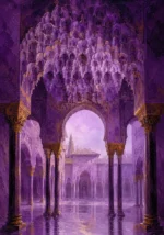 Moorish Plum Moorish Architecture Wall Art featuring carved muqarnas ceiling above slender columns for refined interiors