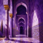 Moorish Plum Moorish Architecture Wall Art featuring geometric tiled corridor receding into violet shade for refined interiors