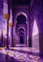Moorish Plum Moorish Architecture Wall Art featuring geometric tiled corridor receding into violet shade for refined interiors
