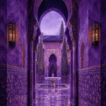 Moorish Plum Moorish Architecture Wall Art featuring secluded courtyard centered on a marble fountain for refined interiors