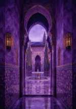 Moorish Plum Moorish Architecture Wall Art featuring secluded courtyard centered on a marble fountain for refined interiors