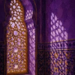 Moorish Plum Moorish Architecture Wall Art featuring gilded lattice window casting patterned light for refined interiors