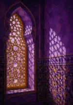 Moorish Plum Moorish Architecture Wall Art featuring gilded lattice window casting patterned light for refined interiors