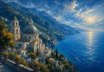 Amalfi Azure Amalfi Coast Wall Art featuring domed church overlooking layered sea cliffs for refined interiors