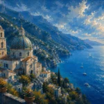 Amalfi Azure Amalfi Coast Wall Art featuring domed church overlooking layered sea cliffs for refined interiors