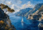 Amalfi Azure Amalfi Coast Wall Art featuring solitary sailboat passing beneath rugged headlands for refined interiors