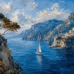 Amalfi Azure Amalfi Coast Wall Art featuring solitary sailboat passing beneath rugged headlands for refined interiors