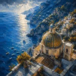 Amalfi Azure Amalfi Coast Wall Art featuring domed church overlooking layered sea cliffs for refined interiors