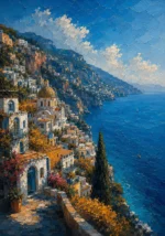Amalfi Azure Amalfi Coast Wall Art featuring cliffside village descending toward sapphire water for refined interiors
