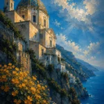 Amalfi Azure Amalfi Coast Wall Art featuring domed church overlooking layered sea cliffs for refined interiors