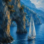Amalfi Azure Amalfi Coast Wall Art featuring solitary sailboat passing beneath rugged headlands for refined interiors